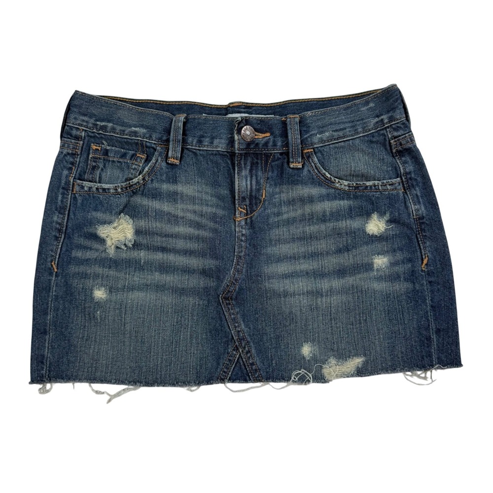 VTG Y2K Old Navy Denim Mini Skirt Distressed Ultra Low Rise Raw Hem Size 2 2006